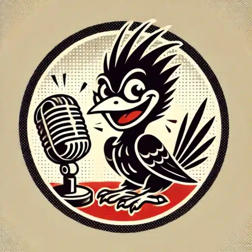 Retro-Illustration eines frech grinsenden Spottvogels auf einem Mikrofon mit der Aufschrift „Der Spott“, im Comic-Stil der 1950er-Jahre, dazu der Slogan „Krank im Kopp – Klar bei Verstand“.