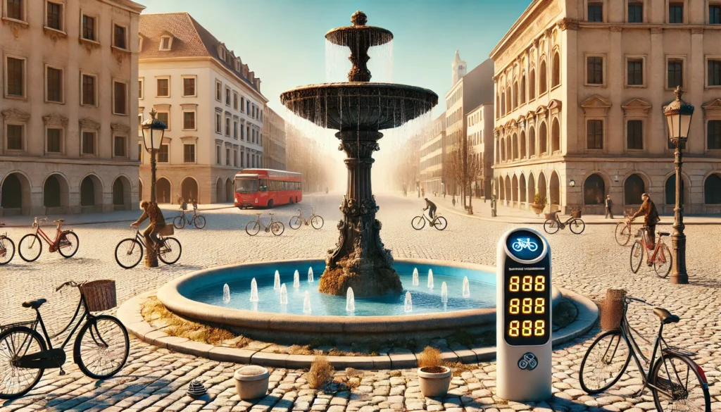 Leeres Stadtbrunnenbecken in Dresden mit historischer Architektur im Hintergrund, daneben ein digitaler Fahrradzähler mit leuchtender Anzeige – satirische Darstellung von Sparpolitik.