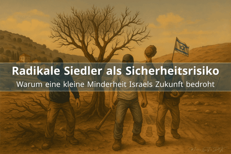 Dokumentarisches Titelbild zur Problematik gewaltbereiter Siedler in der Westbank, Fokus auf Konflikt, Sicherheitslage und moralische Herausforderungen für Israel.