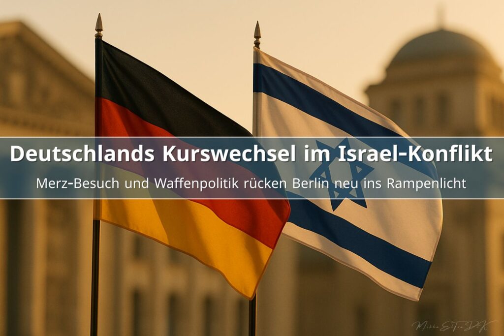 Deutsch-israelische Flaggen im warmen Licht vor symbolischer Regierungsarchitektur