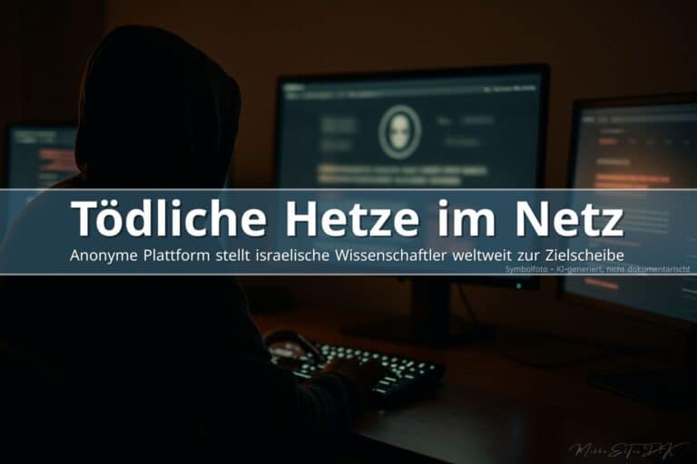 Silhouette einer Person vor mehreren Monitoren mit unscharfer extremistischer Website, symbolisiert digitale Bedrohung und Online-Kopfgeldlisten gegen israelische Wissenschaftler