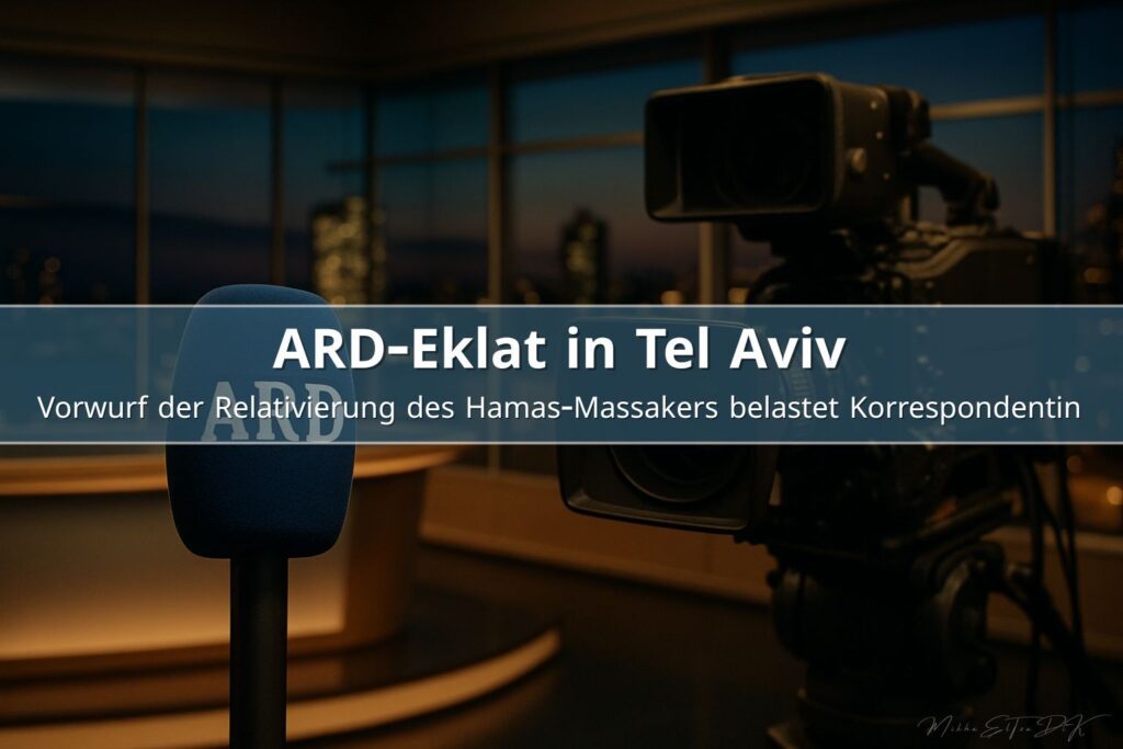 ARD-Mikrofon und Kamera im Tel-Aviv-Studio in angespanntem Nachrichtenumfeld