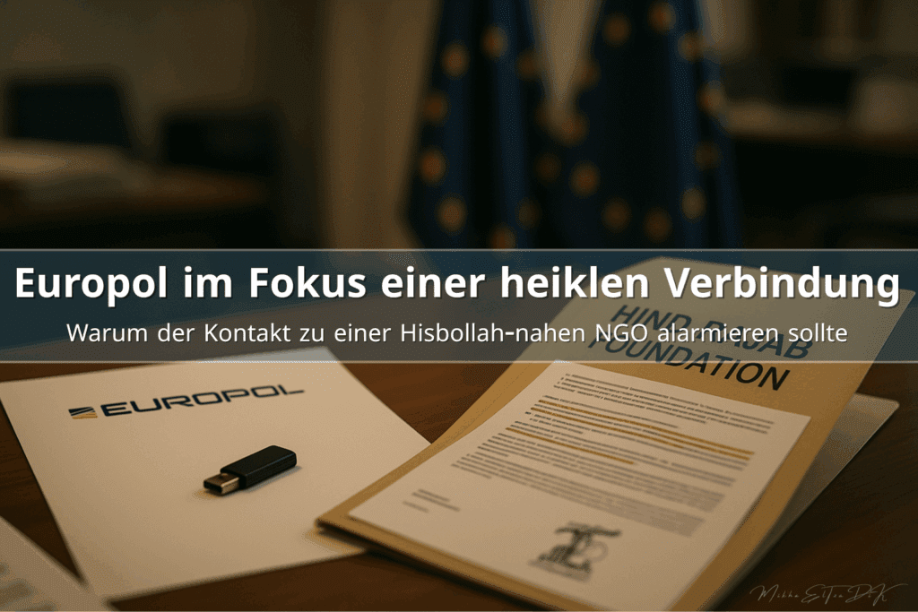 Europol-Dokumente und Akte der Hind Rajab Foundation auf einem Schreibtisch, im Hintergrund unscharfe EU-Flaggen, warme dokumentarische Büroszene.
