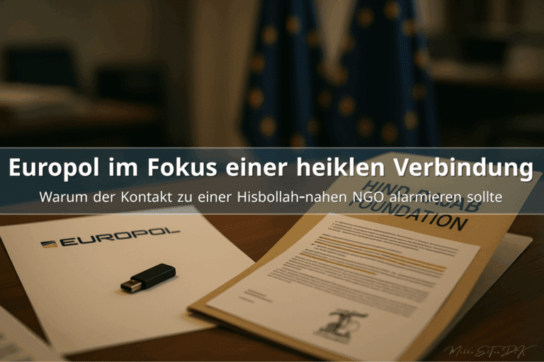 Europol-Dokumente und Akte der Hind Rajab Foundation auf einem Schreibtisch, im Hintergrund unscharfe EU-Flaggen, warme dokumentarische Büroszene.