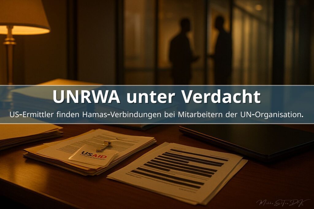 Dokumentarisches Foto eines Untersuchungstisches zu USAID-Ermittlungen gegen UNRWA wegen Hamas-Verbindungen.