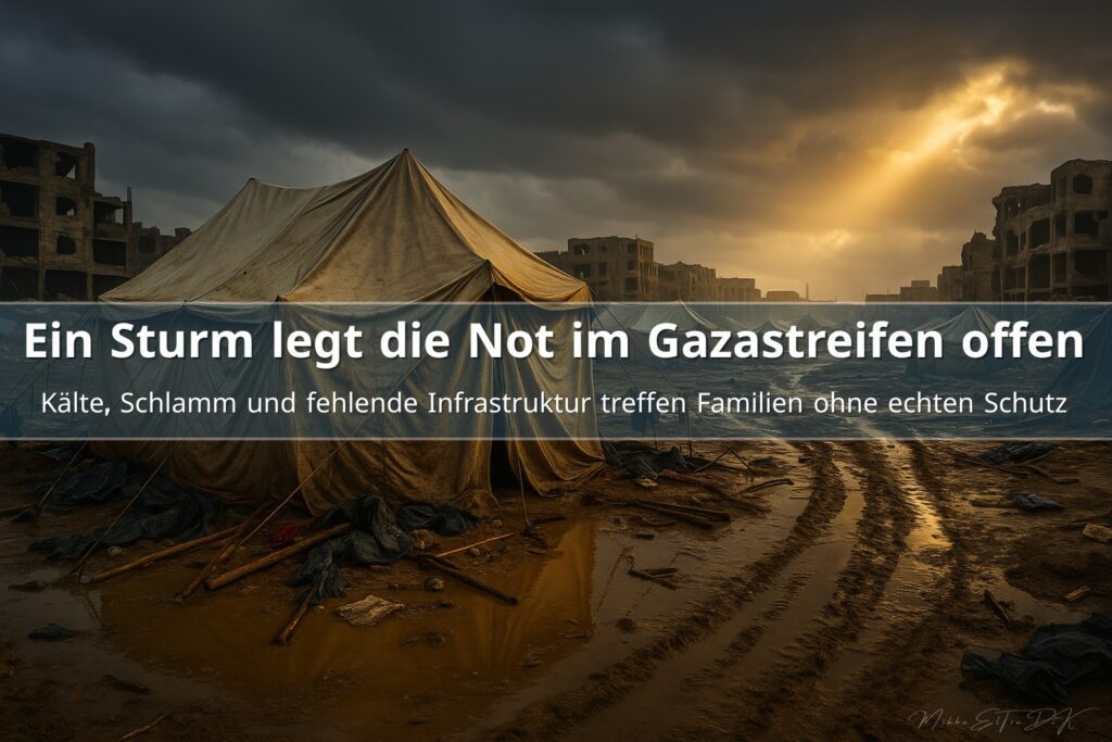 Überflutetes Zeltlager im Gaza Winter mit zerstörten Gebäuden, schlammigem Boden und dramatischem Licht nach einem Sturm.