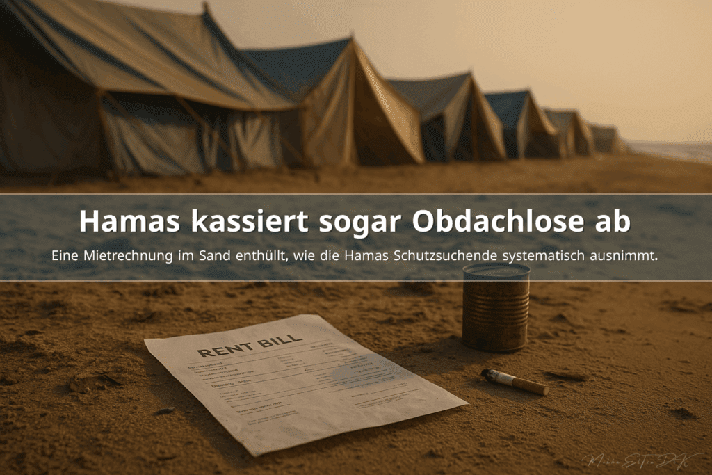 Eine Mietrechnung liegt im Sand vor einer Reihe provisorischer Zelte an einem Strand im Gazastreifen, bei warmem Licht und ohne Menschen.