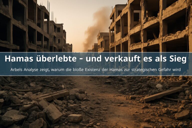 Zerstörte Straße im Gazastreifen mit eingestürzten Gebäuden und Rauch im Hintergrund
