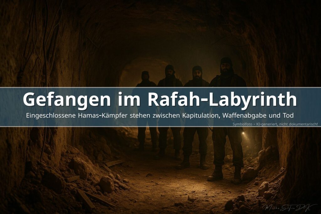 Bewaffnete Hamas-Kämpfer in einem engen Tunnel unter Rafah, dokumentarische Szene mit dramatischem Licht