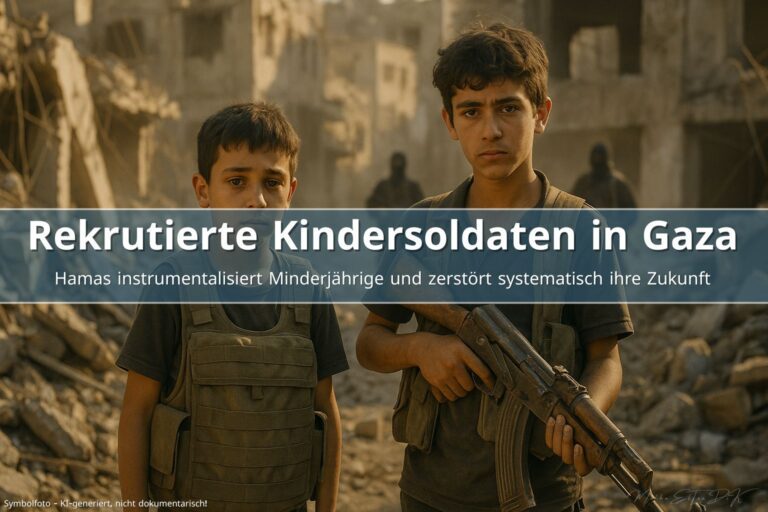 Zwei von Hamas rekrutierte Jungen in zerstörter Stadtlandschaft in Gaza
