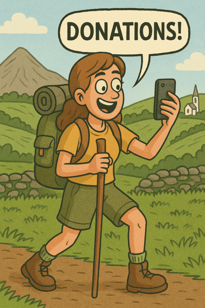Satirische Illustration einer wandernden Frau in Irland, die Spenden erhält und ins Handy lächelt.