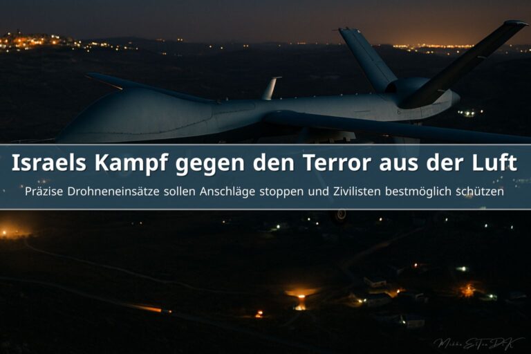 Israelische Aufklärungsdrohne bei einer nächtlichen Anti-Terror-Operation über dem Westjordanland in realistischer 16:9-Draufsicht