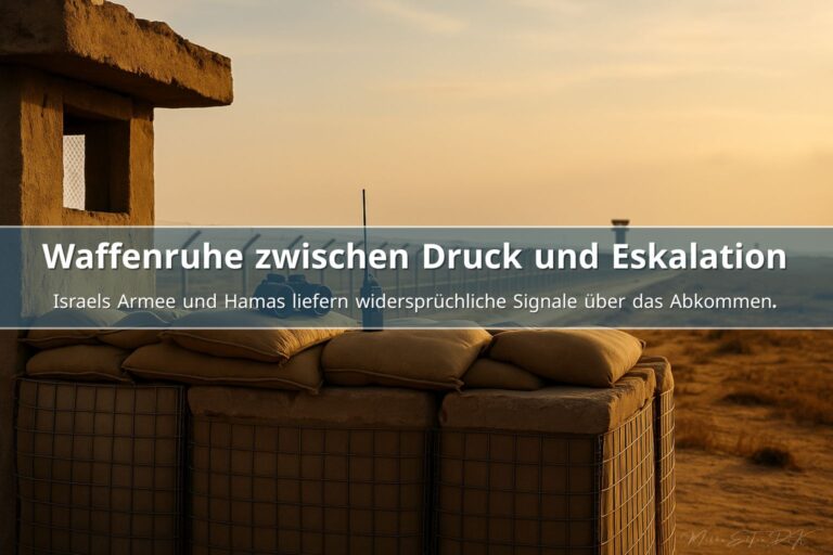 Israels Grenzposten an der Gaza-Grenze im warmen Abendlicht mit Sandsäcken, Militärbeobachtungsposten, Funkgerät und Fernglas ohne Personen.