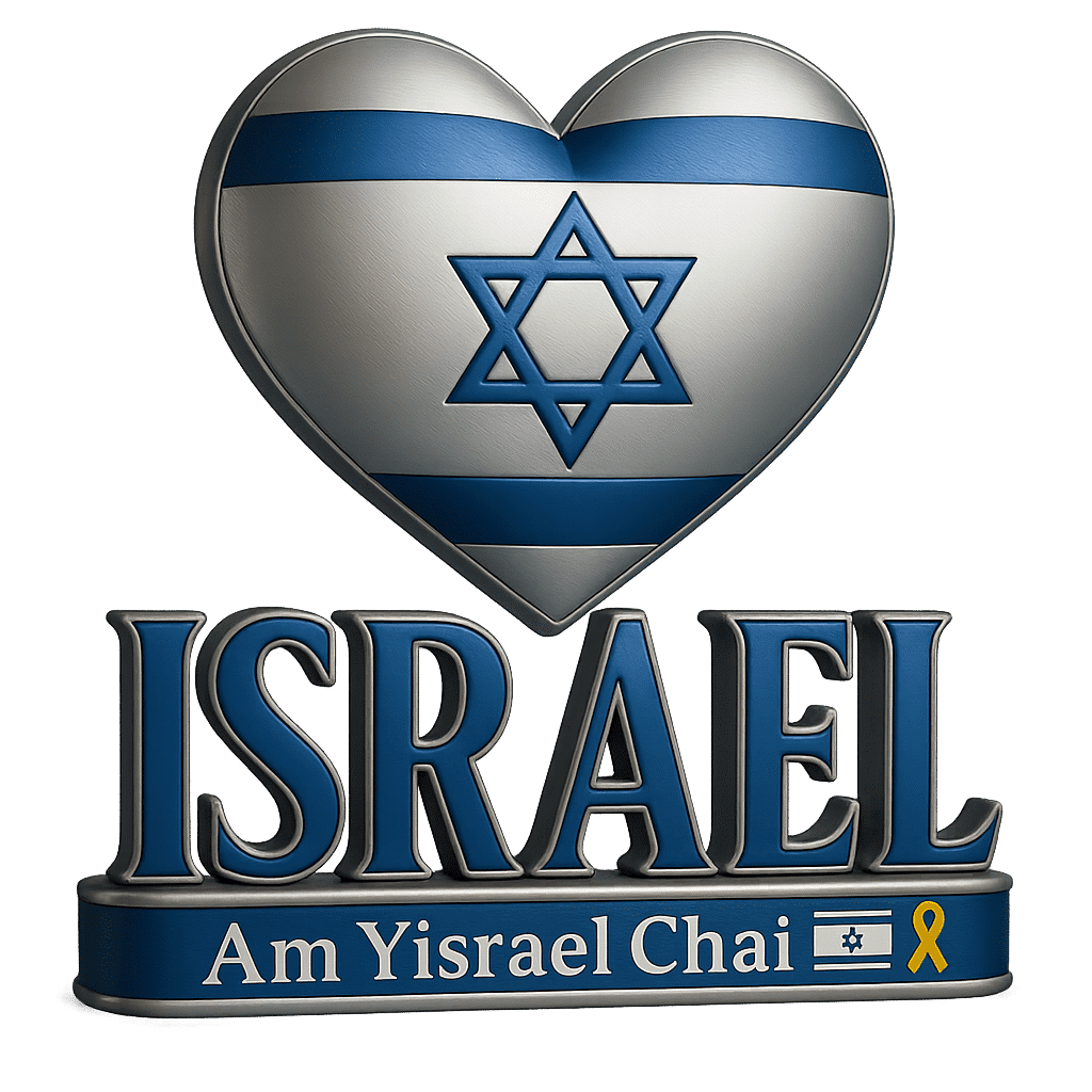 Herz in Israel-Farben mit Davidstern und Schriftzug „Israel - Am Yisrael Chai“