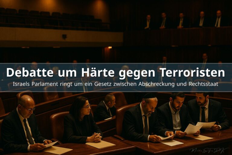 Israelische Knesset während einer politischen Debatte über härtere Maßnahmen gegen Terroristen. Abgeordnete sitzen im Plenum, warmes Licht, dokumentarische Atmosphäre.