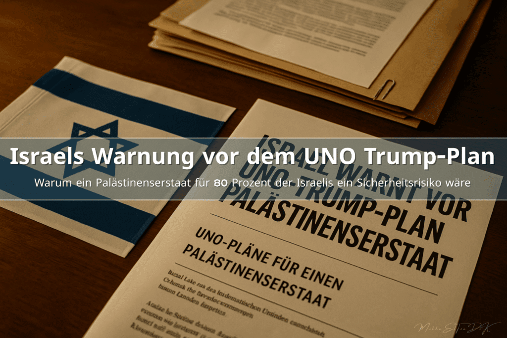 Dokumentarisches Titelbild mit israelischer Flagge und Unterlagen zum UNO-Trump-Plan für einen Palästinenserstaat.