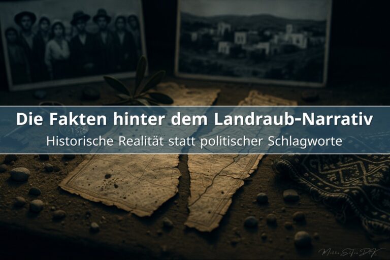 Ausschnitt einer zerrissenen historischen Karte des britischen Mandatsgebiets Palästina auf einem sandigen Holztisch, umgeben von alten Fotografien, einem Schlüssel, einem Kompass und traditionellen Stofffragmenten.