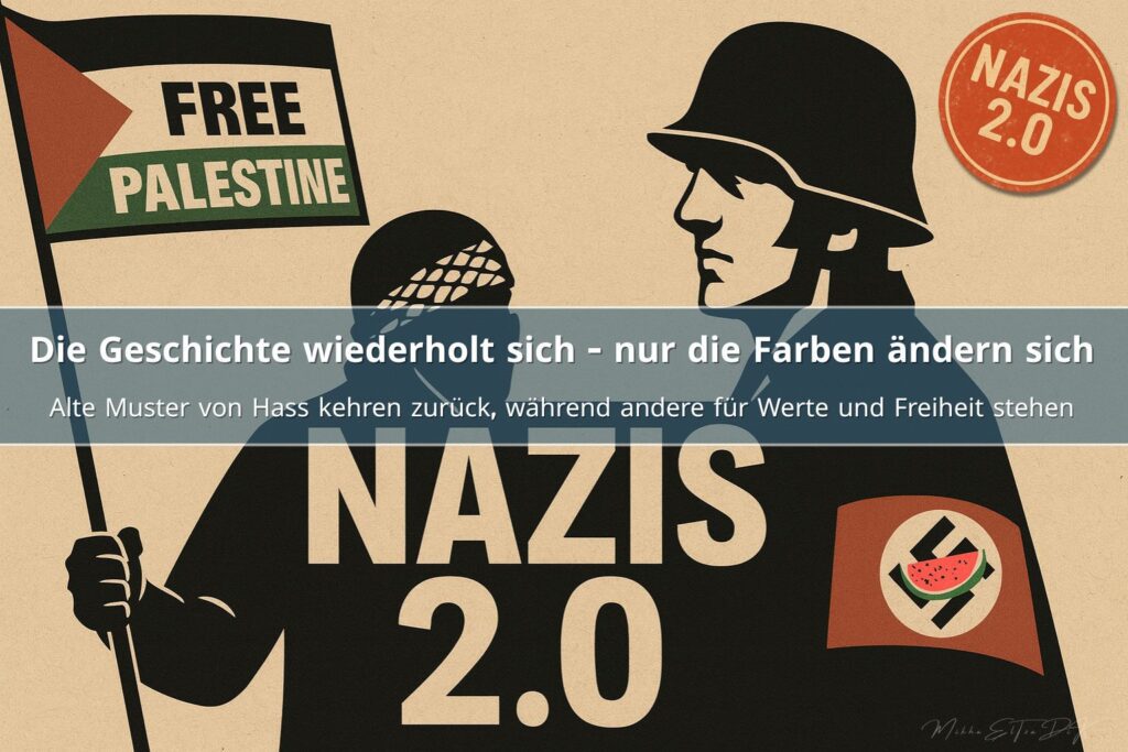 Illustration zeigt einen vermummten pro-palästinensischen Demonstranten mit Free-Palestine-Flagge gegenüber einer Figur im NS-Stil. In der Mitte steht der Schriftzug Nazis 2.0 als Kritik an modernem Judenhass.