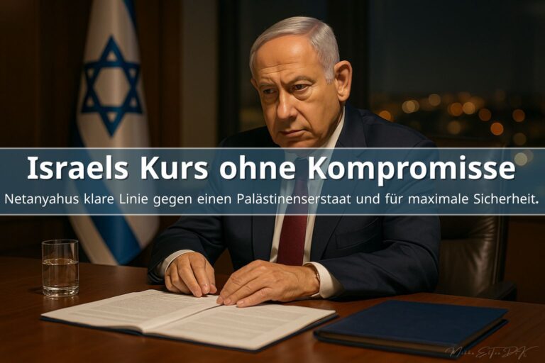 Benjamin Netanyahu sitzt an einem dunklen Holztisch in einem warm beleuchteten Regierungsbüro, vertieft in Dokumente. Im Hintergrund sind die israelische Flagge und die nächtlich beleuchtete Skyline Jerusalems unscharf erkennbar. Die Szene vermittelt politische Entschlossenheit und sicherheitspolitische Ernsthaftigkeit.