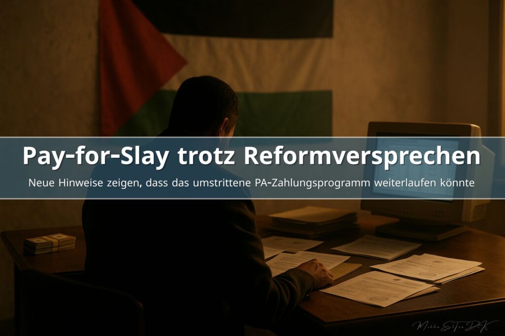 Anonymer PA-Beamter in warm beleuchtetem Büro, umgeben von Akten, Dokumenten und Computer, Symbolbild für Pay-for-Slay und verdeckte Zahlungsstrukturen der Palestinian Authority