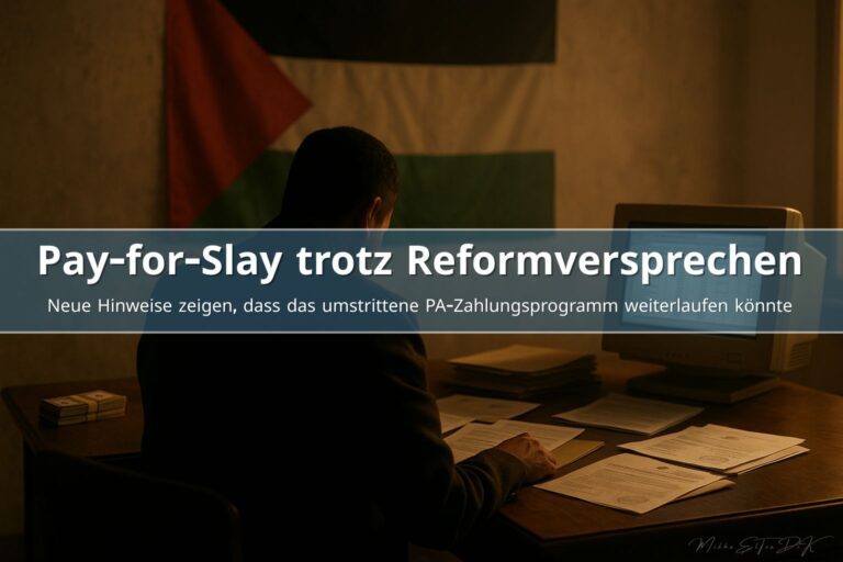 Anonymer PA-Beamter in warm beleuchtetem Büro, umgeben von Akten, Dokumenten und Computer, Symbolbild für Pay-for-Slay und verdeckte Zahlungsstrukturen der Palestinian Authority