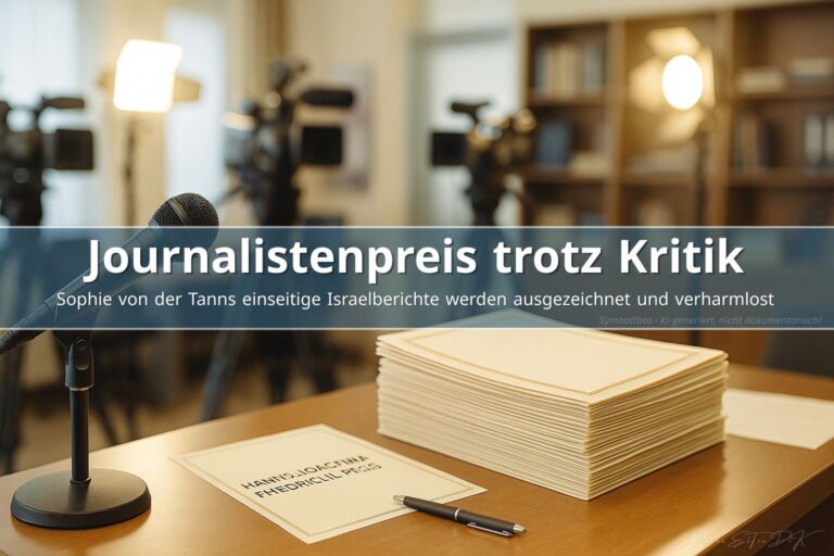 Pressepodium mit Mikrofon und Preisurkunden in heller Redaktionsumgebung