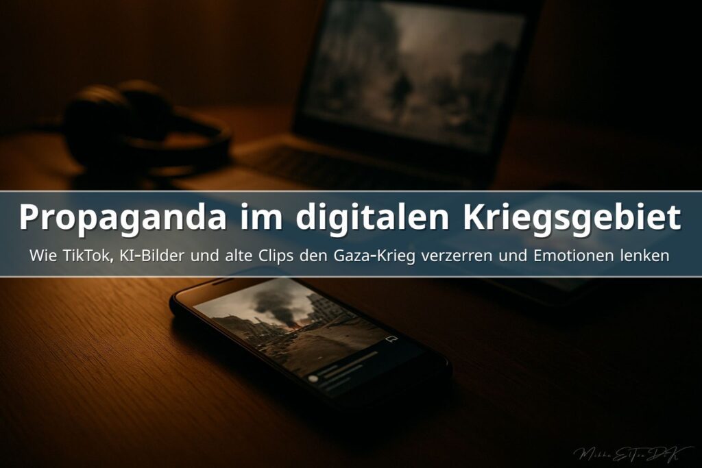 Smartphone zeigt Kriegsbilder in Social-Media-Feed, umgeben von Laptop und Tablet im warmen Licht