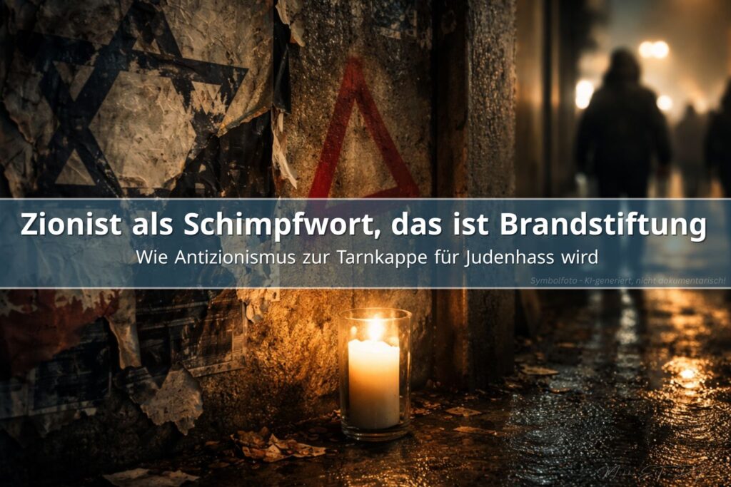 Nächtliche Straße mit zerrissenem Davidstern-Poster, rotem Dreieck-Graffiti und Kerze als Symbol gegen antisemitische Einschüchterung. Antizionismus als Deckmantel