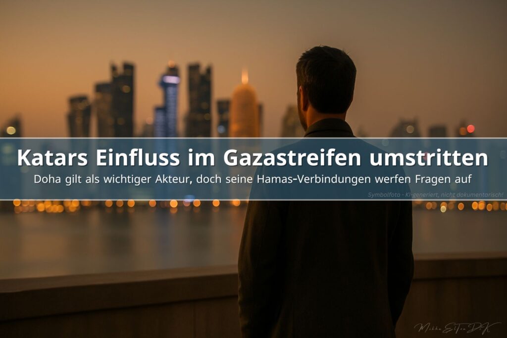 Beobachter blickt bei warmem Abendlicht auf die Skyline von Doha