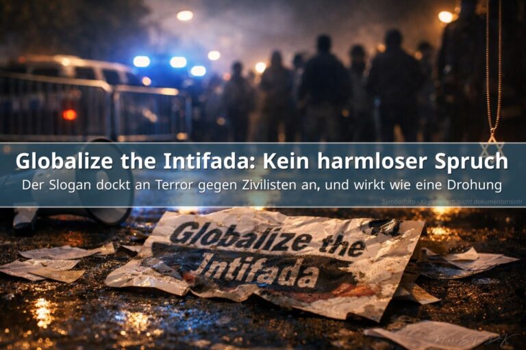 Demonstrationsszene mit Plakat, Megafon und Polizeigitter, die zeigt, warum „Globalize the Intifada“ nicht harmlos wirkt