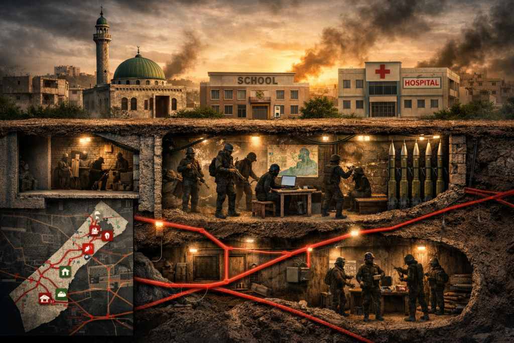 Illustration: Unterirdisches Tunnelnetz unter Gaza, darüber Moschee, Schule und Krankenhaus, darunter Schächte, Routen und Lager