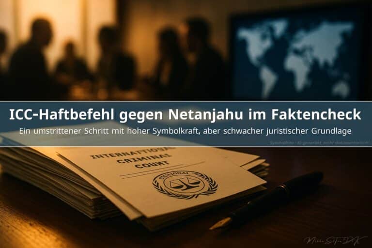 ICC-Dokumente auf Tisch mit unscharfen Diplomaten im Hintergrund, symbolisieren politischen Streit um Haftbefehl gegen Netanjahu