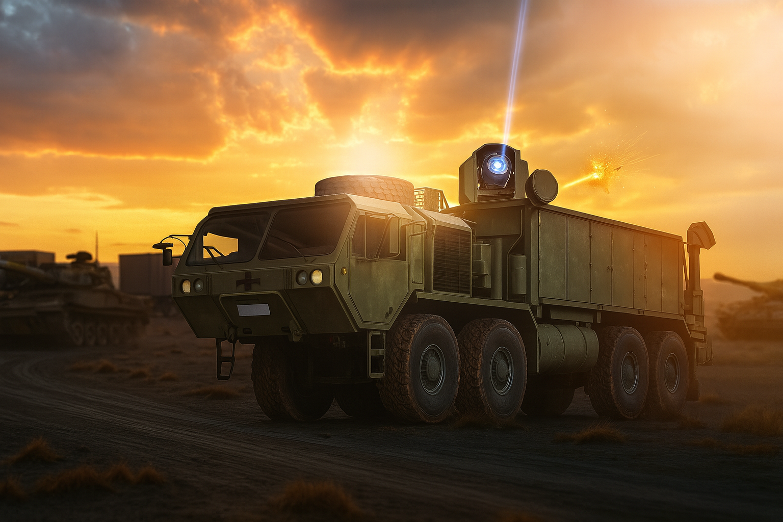 IDF-Fahrzeug mit Iron-Beam-Laserabwehrsystem zerstört Drohne bei Sonnenuntergang