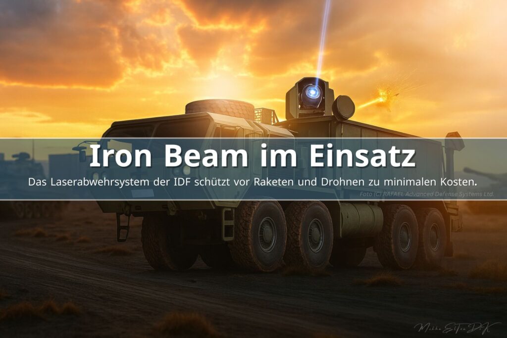 IDF-Laserabwehrsystem Iron Beam auf Militärfahrzeug im Einsatz bei Sonnenuntergang