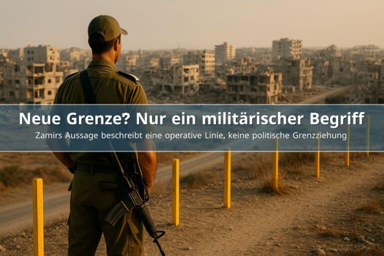 IDF-Offizier blickt über zerstörtes Gebiet im Norden Gazas mit gelber operativer Linie