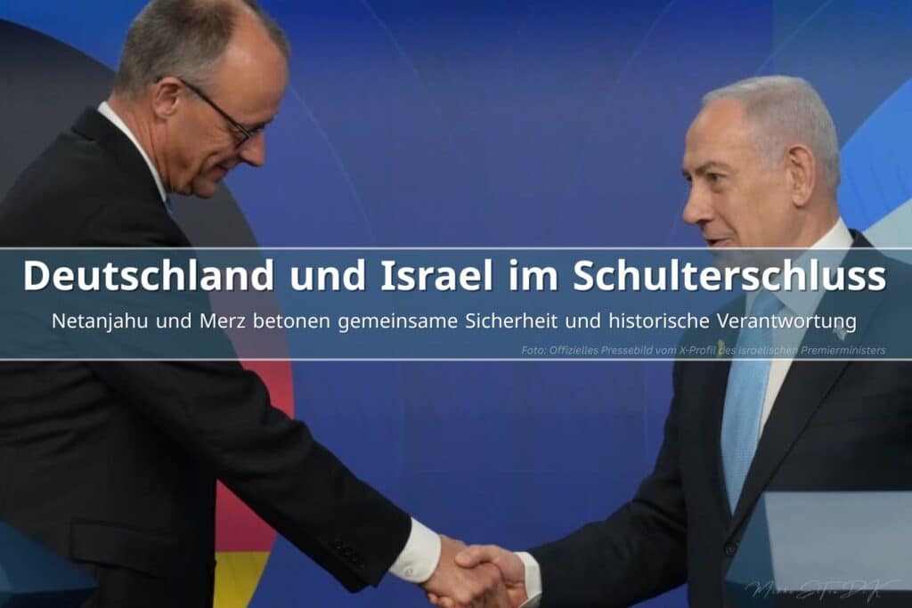 Benjamin Netanjahu und Friedrich Merz geben sich in Jerusalem die Hand, Symbol für die sicherheitspolitische Partnerschaft zwischen Israel und Deutschland.