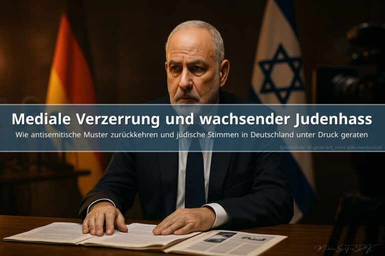 Israels Diplomat vor deutschen und israelischen Flaggen während Presseumfeld im Hintergrund verschwimmt