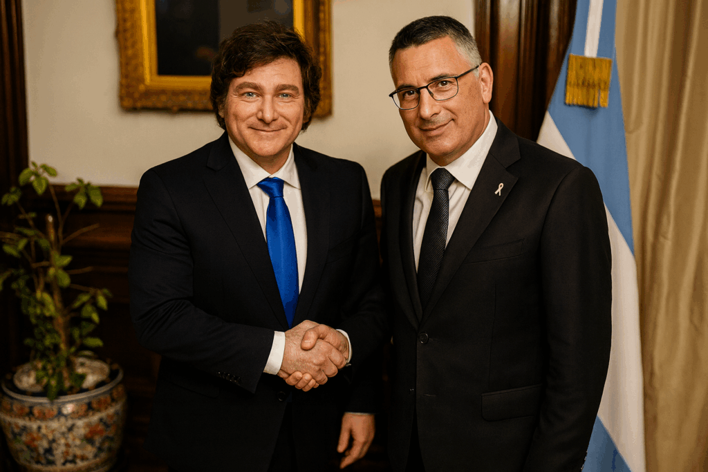Argentiniens Präsident Javier Milei und Israels Minister Gideon Sa’ar beim diplomatischen Treffen in Buenos Aires