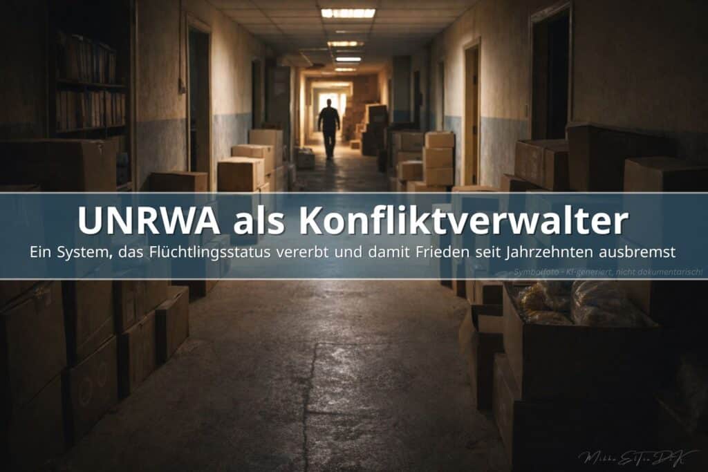 UNRWA Büroflur mit Hilfskisten in dokumentarischer Atmosphäre