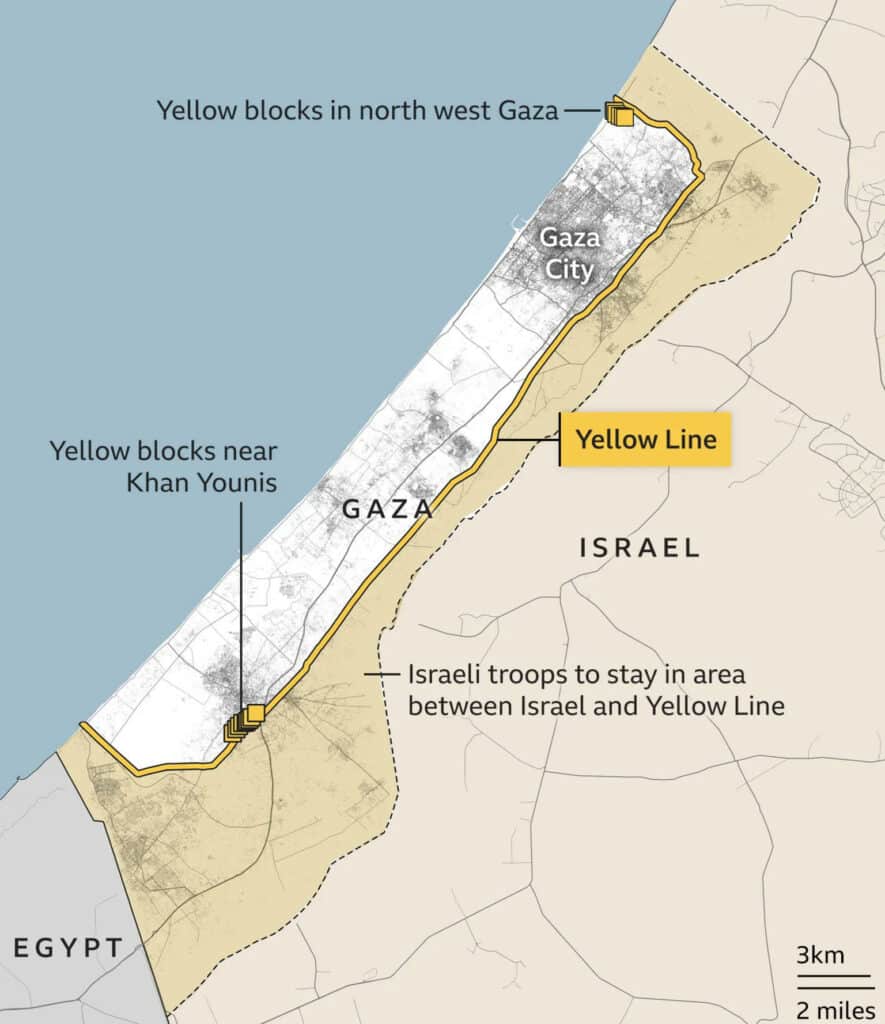 Karte des Gazastreifens mit markierter Yellow Line sowie Positionen israelischer Truppen und gelben Markierungsblöcken in Gaza, basierend auf IDF und OpenStreetMap.